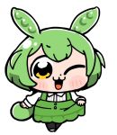  1girl :3 animal_ears bkub blush chibi chibi_only collared_shirt full_body green_hair green_skirt grey_footwear long_hair long_sleeves looking_at_viewer low_ponytail one_eye_closed open_mouth ponytail shirt shoes simple_background skirt smile solo suspender_skirt suspenders voicevox white_background white_shirt yellow_eyes zundamon 