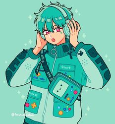  1boy adventure_time animification aqua_background aqua_hair aqua_headphones aqua_jacket aqua_theme blue_pants bmo buttons character_bag clothes_writing commentary cowboy_shot emily_kim english_commentary eyelashes fanny_pack fingernails hair_between_eyes hands_on_headphones headphones instagram_username jacket long_sleeves looking_at_viewer male_focus marking_on_cheek multicolored_buttons o-ring open_mouth pants personification pink_eyes pocket puffy_long_sleeves puffy_sleeves short_hair simple_background solo sparkle star_on_cheek teeth turtleneck turtleneck_jacket upper_teeth_only zipper zipper_pull_tab 