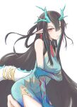  1girl arknights black_hair china_dress chinese_clothes colored_skin dragon_girl dragon_horns dragon_tail dress dusk_(arknights) dusk_(everything_is_a_miracle)_(arknights) earrings gradient_skin green_horns green_skin highres horns jewelry long_hair looking_at_viewer mandarin_collar multicolored_hair oroshi_(oroshi_dr) pointy_ears red_eyes slit_pupils solo streaked_hair tail tail_ornament tail_ring tassel tassel_earrings 
