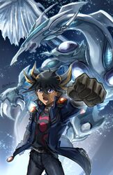 black_hair black_shirt blonde_hair blue_coat brown_gloves clenched_hand coat colored_skin cowboy_shot dragon facial_mark fudo_yusei gloves highres medium_hair multicolored_hair open_mouth pochi_(furaigonn) sharp_teeth shirt sparkle spiky_hair stardust_dragon teeth two-tone_hair white_skin yu-gi-oh! yu-gi-oh!_5d's 