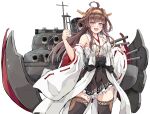  1girl ahoge bare_shoulders black_skirt black_thighhighs blush brown_hair cowboy_shot dairyo3 detached_sleeves double_bun frilled_skirt frills hair_bun hairband headgear highres japanese_clothes kantai_collection kongou_(kancolle) kongou_kai_ni_(kancolle) long_hair looking_at_viewer machinery nontraditional_miko open_mouth pleated_skirt ribbon-trimmed_sleeves ribbon_trim rigging simple_background skirt smile solo thigh-highs turret violet_eyes white_background white_sleeves wide_sleeves 