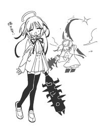  1girl angel black_thighhighs blazer bokusatsu_tenshi_dokuro-chan club_(weapon) excalibolg greyscale halo holding holding_club holding_weapon jacket kirokuyyyy miniskirt mitsukai_dokuro monochrome neck_ribbon ribbon school_uniform short_hair short_twintails skirt smile thigh-highs twintails weapon 