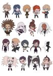  6+boys 6+girls absurdres ahoge asahina_aoi ball bear_hair_ornament black_hair blonde_hair blue_eyes blue_hair book bow braid brown_hair celestia_ludenberg clenched_hand danganronpa:_trigger_happy_havoc danganronpa_(series) doughnut drill_hair enoshima_junko food fujisaki_chihiro fukawa_toko ghostypaint glasses gloves grey_hair gun hagakure_yasuhiro hair_ornament hairclip highres holding holding_ball holding_book holding_food holding_gun holding_weapon ikusaba_mukuro ishimaru_kiyotaka jacket kirigiri_kyoko kuwata_leon long_hair long_sleeves looking_at_viewer maizono_sayaka monokuma multiple_boys multiple_girls naegi_makoto necktie ogami_sakura open_book owada_mondo redhead ribbon scar scar_on_face school_uniform shirt short_hair simple_background skirt smile togami_byakuya twin_braids twin_drills twintails weapon white_gakuran yamada_hifumi 