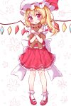  1girl absurdres back_bow blonde_hair blush bobby_socks bow flandre_scarlet frilled_skirt frills full_body hair_between_eyes hanen_(borry) hat hat_ribbon head_tilt highres holding holding_stuffed_toy large_bow looking_at_viewer mary_janes medium_hair mob_cap multicolored_wings one_side_up open_mouth pigeon-toed puffy_short_sleeves puffy_sleeves red_eyes red_footwear red_ribbon red_skirt red_vest ribbon ribbon-trimmed_headwear ribbon_trim shirt shoes short_sleeves simple_background skirt socks solo standing stuffed_animal stuffed_toy teddy_bear touhou vest white_background white_bow white_headwear white_shirt white_socks wings wrist_cuffs 
