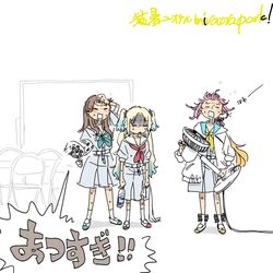  3girls 524ryo :< afterimage anyoji_hime aqua_footwear aqua_neckerchief arm_up bangs_blown_up black_bow black_ribbon blonde_hair blue_dress blue_hair bottle bow bow_legwear breast_pocket brown_hair chair check_commentary commentary_request dress electric_fan fanning_self flower folding_chair fujishima_megumi gradient_hair hair_flower hair_ornament hair_ribbon hand_fan hasu_no_sora_school_uniform highres holding holding_bottle holding_fan hood hooded_jacket jacket light_blue_hair link!_like!_love_live! long_hair long_sleeves love_live! medium_dress mira-cra_park! multi-tied_hair multicolored_hair multiple_girls neckerchief open_clothes open_jacket open_mouth orange_hair osawa_rurino parted_bangs pink_flower pink_hair plastic_bottle pleated_dress pocket ponytail puffy_short_sleeves puffy_sleeves red_footwear red_neckerchief ribbon sailor_collar sailor_dress school_uniform shoes short_sleeves sidelocks socks standing summer_uniform sweat translation_request triangle_mouth twintails two-tone_footwear two_side_up uwabaki very_long_hair very_sweaty virtual_youtuber white_background white_footwear white_jacket white_sailor_collar white_socks whiteboard yellow_footwear yellow_neckerchief 