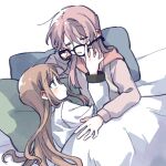  2girls absurdres artist_request bang_dream! bang_dream!_it&#039;s_mygo!!!!! blue_eyes blush brown_hair chihaya_anon closed_eyes closed_mouth commission glasses highres hood hoodie long_hair multiple_girls nagasaki_soyo pajamas parted_lips pillow pink_hair pink_hoodie second-party_source shirt simple_background smile under_covers white_background white_shirt yuri 