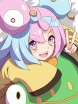  1girl :d aqua_hair bellibolt bow-shaped_hair character_hair_ornament commentary_request hair_ornament happy highres iono_(pokemon) long_sleeves multicolored_hair open_mouth pink_eyes pink_hair pink_pupils pokemon pokemon_(creature) pokemon_sv sekishoku_manboo smile teeth two-tone_hair upper_teeth_only v 
