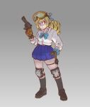  1girl blonde_hair blue_bow blue_bowtie bow bowtie commentary_request drill_hair frown full_body furrowed_brow goggles goggles_on_head gradient_background gun hand_on_own_hip hat_legs highres holding holding_gun holding_weapon knee_pads miniskirt original pleated_skirt pouch red_eyes revolver school_uniform scrunchie serious skirt solo thigh-highs thigh_pouch thigh_strap trigger_discipline two-tone_gloves weapon wrist_scrunchie 