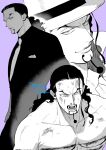  1boy absurdres dated facial_hair goatee greyscale_with_colored_background hat highres long_hair looking_at_viewer male_focus momoh_jiyucho multiple_views necktie one_piece purple_background rob_lucci signature simple_background suit top_hat topless_male 