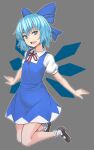  1girl black_footwear blue_bow blue_dress blue_eyes blue_hair bow cirno commentary detached_wings dress full_body grey_background hair_bow high_heels highres ice ice_wings kakone looking_at_viewer open_mouth short_hair simple_background socks solo teeth touhou upper_teeth_only white_socks wings 