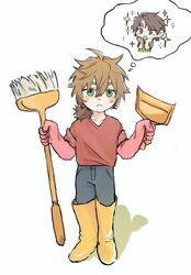  2boys black_pants blush_stickers boots broom brown_hair closed_mouth commentary dustpan frown full_body gigantea_pp gloves green_eyes green_shirt hair_between_eyes hands_on_own_cheeks hands_on_own_face harada_minoru holding holding_broom holding_dustpan isoi_reiji male_focus multiple_boys pants red_eyes rubber_boots rubber_gloves saibou_shinkyoku shirt short_ponytail short_sleeves simple_background sleeves_rolled_up sparkle symbol-only_commentary thought_bubble white_background yellow_footwear 