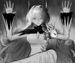  1girl absolute_cinema_(meme) arknights commentary dress english_commentary greyscale hair_intakes highres horns long_hair long_sleeves looking_at_viewer meme monochrome open_hand smile solo thehprm theresa_(arknights) twitter_username very_long_hair 