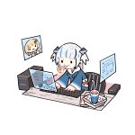  1girl bendy_straw blue_hair blue_hoodie chair chibi closed_mouth commentary_request computer computer_tower drinking_straw food food_in_mouth gawr_gura gawr_gura_(1st_costume) hair_ornament highres holographic_monitor hololive hololive_english hood hood_down hoodie keyboard_(computer) long_sleeves mouse_(computer) mouth_hold multicolored_hair office_chair pizza pizza_box pizza_slice simple_background smile solid_circle_eyes solo streaked_hair swivel_chair takeru_(hashiru11275) two_side_up virtual_youtuber watson_amelia white_background white_hair wide_sleeves 