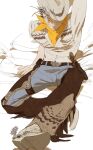 1boy arm_behind_head arm_up bandana bandana_around_neck black_hair blush bokuto_koutarou boots breast_pocket brown_footwear brown_hat brown_shirt chaps chengongzi123 closed_mouth cowboy_boots cowboy_hat cowboy_western grey_hair haikyuu!! hat highres looking_at_viewer male_focus multicolored_hair nose_blush one_eye_closed pocket shirt short_hair simple_background sitting slit_pupils solo spurs streaked_hair thick_eyebrows very_short_hair white_background yellow_bandana yellow_eyes