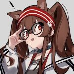  1girl absurdres angelina_(arknights) animal_ears arknights bespectacled brown_hair chichi_guai coat commentary fox_ears glasses grey_background grey_shirt hairband highres infection_monitor_(arknights) long_sleeves nervous_sweating open_mouth red_eyes red_hairband shirt simple_background sketch solo striped_clothes striped_hairband sweat symbol-only_commentary twintails upper_body white_coat 