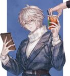  1boy arm_up belial_(granblue_fantasy) belt bishounen blue_background blue_eyes book cup drinking_straw expressionless glasses granblue_fantasy hair_between_eyes holding holding_book holding_cup ice ice_cube jacket long_sleeves lucilius_(granblue_fantasy) messy_hair minaba_hideo official_art pale_skin parted_lips plaid plaid_jacket promotional_art round_eyewear short_hair sweater tea transparent_background turtleneck turtleneck_sweater 