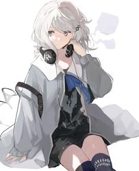  1girl bad_id bad_pixiv_id black_thighhighs blue_ribbon closed_mouth cowboy_shot flat_chest forever_7th_capital grey_eyes grey_hair grey_jacket hair_ornament hairclip headphones highres jacket long_sleeves looking_to_the_side neck_ribbon ribbon rrrr_222 seraphim_(forever_7th_capital) short_hair sitting solo thigh-highs white_background 