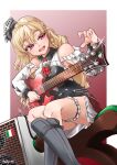  1girl amplifier ascot bare_shoulders blonde_hair bodice braid breasts bridal_garter brown_eyes chair commentary_request corset crossed_legs electric_guitar feet_out_of_frame french_braid gibson_sg glint guitar hat instrument italian_flag kantai_collection long_hair medium_breasts mini_hat miniskirt open_mouth red_ascot red_skirt shirt side_braid sitting skirt solo thigh_strap tilted_headwear udukikosuke wavy_hair white_shirt zara_(kancolle) zara_due_(kancolle) 