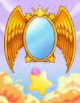  blush_stickers captainpiika dimension_mirror highres kirby kirby_(series) kirby_and_the_amazing_mirror looking_up no_humans sky solo sparkle star_(symbol) twitter_username warp_star wings 