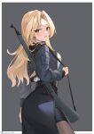  1girl belt belt_buckle black_belt black_pantyhose black_skirt blonde_hair blush bolt_action bomber_jacket border breasts buckle cowboy_shot dimos_(dawn_1945) grey_background grey_eyes gun highres hornet_(kancolle) jacket kantai_collection large_breasts long_hair looking_at_viewer m1903_springfield pantyhose pencil_skirt rifle shirt skirt sleeveless sleeveless_shirt solo twitter_username weapon white_border white_shirt 