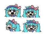  1girl aqua_hair arms_up blue_jacket bright_pupils buttons chibi chiikawa_four_expressions_(meme) double-breasted double_v hatsune_miku hollow_eyes itomaki_(itoma_11010) jacket long_hair meme mesmerizer_(vocaloid) mismatched_pupils multiple_views open_mouth outstretched_arms sharp_teeth short_sleeves teeth tongue tongue_out twintails v visor_cap white_background white_pupils wrist_cuffs 