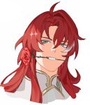  1boy 42u16 argenti_(honkai:_star_rail) cropped_shoulders flower flower_in_mouth grey_eyes hair_between_eyes honkai:_star_rail honkai_(series) long_hair looking_at_viewer male_focus mouth_hold portrait red_eyes red_flower red_rose redhead rose simple_background solo sparkle white_background 