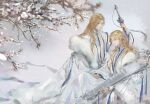  2boys blonde_hair brothers chinese_clothes chinese_commentary circlet cloak closed_mouth erha_he_tadebai_mao_shizun expressionless flower fur-trimmed_cloak fur_trim green_eyes guqin hanfu highres holding holding_instrument holding_sword holding_weapon instrument jing_shu long_hair long_sleeves looking_at_viewer male_focus mei_hanxue_(older) mei_hanxue_(younger) multiple_boys official_art siblings smile snow snowing sword tassel tree twins weapon white_cloak white_hanfu wide_sleeves 