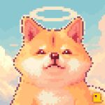  animal_ears animal_focus animal_nose aqua_sky artist_logo body_fur closed_mouth clouds cloudy_sky commentary day dog dog_ears english_commentary halo heaven kabosu_(dog) looking_at_viewer mixed-language_commentary no_humans outdoors pixel_art pixellquests portrait real_life shiba_inu sky solo straight-on 