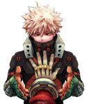  2boys absurdres artist_name bags_under_eyes bakugou_katsuki blonde_hair boku_no_hero_academia commentary gloves green_gloves grey_gloves hair_between_eyes halftone hand_on_another&#039;s_chest hand_up hands_up high_collar highres looking_at_hand looking_down male_focus midoriya_izuku multiple_boys narrowed_eyes orange_gloves out_of_frame outstretched_arm outstretched_hand pov reaching_towards_another red_eyes short_hair simple_background single_horizontal_stripe solo_focus spiky_hair straight-on symbol-only_commentary toned toned_male two-tone_gloves upper_body white_background wrist_guards x yenny_(yennyinc) 