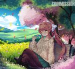  1girl absurdres bench black_pantyhose blue_sky bow brown_hair bruunoscp cherry_blossoms clouds commission doki_doki_literature_club falling_petals green_eyes green_skirt hair_bow highres hill jacket long_hair long_sleeves monika_(doki_doki_literature_club) one_eye_closed outdoors pantyhose park park_bench petals ponytail sidelocks sitting skirt sky smile solo sweater white_bow 