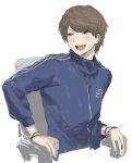  1boy black_eyes blue_jacket bracelet brown_hair chair commentary_request jacket jewelry jiz_(pffbq) kiyo_(youtuber) male_focus open_mouth real_life short_hair simple_background sitting solo upper_body white_background 