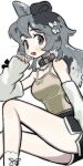  1girl :3 animal_collar arm_at_side arm_warmers artist_name black_bow black_hair black_shorts bow breasts collar commentary dog_girl dolphin_shorts fang feet_out_of_frame floppy_ears grey_collar grey_eyes grey_hair hair_bow hand_up highres invisible_chair jewelry knee_up lace-trimmed_socks light_blush long_hair medium_breasts multicolored_hair necklace open_mouth original shirt shirt_bow short_shorts shorts simple_background sitting sleeves_past_wrists socks solo spaghetti_strap spotted_hair taonoinu tareme three_quarter_view white_arm_warmers white_background white_bow white_hair white_socks wrist_bow yellow_shirt 