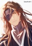  1boy absurdres aizen_sousuke black_kimono bleach bleach:_sennen_kessen-hen brown_eyes brown_hair close-up closed_mouth commentary dutch_angle english_commentary eyepatch highres japanese_clothes kas0n3ri kimono long_hair looking_to_the_side male_focus mature_male one_eye_covered parted_lips sketch solo twitter_username 