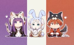  1boy 2girls animal_ears animal_hat aqua_eyes black_footwear black_jacket capelet cat_ears cat_tail chibi clock closed_mouth dress earrings elf fern_(sousou_no_frieren) fox_ears fox_tail frieren fumishichi hat holding jacket jewelry long_hair long_sleeves multiple_girls pointy_ears purple_hair rabbit_ears rabbit_tail red_jacket redhead short_hair simple_background sousou_no_frieren stark_(sousou_no_frieren) tail twintails violet_eyes white_dress white_hair 