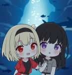  2girls :d air_bubble animal black_hair black_hairband black_shirt blonde_hair blush bubble chibi collared_shirt commentary dress_shirt english_commentary fish grey_shirt hairband hitsukuya inoue_takina jacket locked_arms long_hair lycoris_recoil multiple_girls nishikigi_chisato open_clothes open_jacket red_eyes red_jacket red_skirt shirt short_sleeves skirt smile very_long_hair violet_eyes water white_skirt yuri 