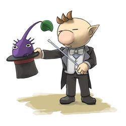  1boy alternate_costume big_nose black_eyes black_footwear black_hat black_jacket black_pants blue_shirt bow bowtie brown_hair buttons closed_eyes coattails collared_jacket collared_shirt colored_skin commentary_request full_body hat high_collar holding holding_clothes holding_hat holding_wand in_hat jacket lapels layered_sleeves leaf long_sleeves magician male_focus naru_(wish_field) no_mouth notched_lapels olimar on_ground open_clothes open_jacket open_mouth outstretched_arm pants pikmin_(creature) pikmin_(series) pink_nose pointy_ears purple_hair purple_pikmin purple_skin shirt shoes short_hair standing top_hat traditional_bowtie very_short_hair vest wand white_background white_bow white_bowtie white_vest 