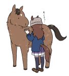  1girl animal_ears beanie brown_footwear brown_hair brown_hat coat commentary creature_and_personification hat horse horse_ears horse_girl horse_tail loafers long_hair long_sleeves nakayama_festa_(racehorse) nakayama_festa_(umamusume) purple_skirt purple_thighhighs real_life school_uniform shoes skirt tail tail_through_clothes takadano_paka thigh-highs tracen_school_uniform translated umamusume winter_clothes winter_coat winter_uniform 