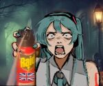  1girl absurdres artist_name bare_shoulders blue_eyes blue_hair blue_nails branch collared_shirt english_commentary fingernails grey_shirt hair_between_eyes hand_up hatsune_miku hatsune_miku_does_not_talk_to_british_people_(meme) headphones highres holding house lantern long_hair looking_at_viewer melu_077 meme nail_polish night number_tattoo open_mouth outdoors racism screaming shirt sidelocks sleeveless sleeveless_shirt solo spray_can standing tattoo teeth tongue tree twintails union_jack upper_body victor_van_dort_spraying_raid_and_screaming_(meme) vocaloid 