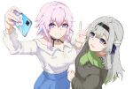  2girls absurdres black_choker blue_eyes blue_skirt breasts cellphone choker commentary firefly_(honkai:_star_rail) gradient_eyes green_scarf grey_hair grey_jacket grin highres holding holding_phone honkai:_star_rail honkai_(series) jacket kagurachi large_breasts long_sleeves looking_at_viewer march_7th_(honkai:_star_rail) multicolored_eyes multiple_girls open_mouth phone pink_hair scarf shirt short_hair simple_background skirt smartphone smile upper_body violet_eyes white_background white_shirt 