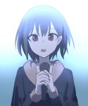  1girl bang_dream! bang_dream!_it&#039;s_mygo!!!!! black_hoodie blue_background chinese_commentary commentary_request gradient_background grey_hair highres holding holding_microphone hood hoodie looking_at_viewer lu_guan microphone music open_mouth red_eyes short_hair singing solo takamatsu_tomori upper_body white_background 