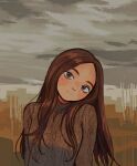  1girl abstract_background brown_hair brown_sweater emanon_(character) forehead freckles green_eyes io_(onisarashi) light_frown long_hair looking_at_viewer memories_of_emanon muted_color solo sweater upper_body 