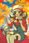  1girl :d asatte_3z autumn_leaves blue_overalls bow breasts brown_hair cabbie_hat hands_up hat hat_bow highres long_hair lyra_(pokemon) medium_breasts open_mouth orange_eyes overalls pokemon pokemon_(creature) pokemon_hgss red_bow sitting sleeves_past_elbows smile teeth thigh-highs twintails upper_teeth_only white_hat white_thighhighs wooper 