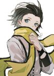  1boy a_d_chi black_hair blue_eyes covered_mouth hair_slicked_back hand_up highres looking_up male_focus mochizuki_ryouji mole mole_under_eye persona persona_3 scarf shirt short_hair sideways_glance signature simple_background solo spiky_hair upper_body white_background white_shirt yellow_scarf 