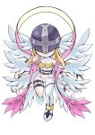  1girl angel angel_wings angewomon armor asymmetrical_legwear bare_shoulders belt black_belt blonde_hair breastplate chibi clothing_cutout covered_eyes digimon digimon_(creature) elbow_gloves feathered_wings gloves head_wings helmet helmet_over_eyes highres long_hair multiple_wings navel o-ring pink_ribbon ribbon shingetsu_(doru0222) single_glove smile solo stomach_cutout thigh_strap watermark white_gloves white_wings wings 