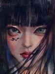  1girl asian black_eyes black_hair blunt_bangs chinese_commentary green_eyes haerin_(newjeans) heterochromia highres k-pop looking_at_viewer mantang_hua newjeans portrait procreate_(medium) real_life realistic red_lips solo 