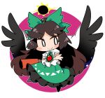  1girl arm_cannon bird_wings black_hair black_wings blush bow closed_mouth collared_shirt feathered_wings frilled_skirt frills full_body green_bow green_skirt hair_bow ini_(inunabe00) long_hair puffy_short_sleeves puffy_sleeves reiuji_utsuho shirt short_sleeves skirt smile solo third_eye touhou weapon white_shirt wings 