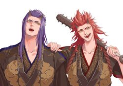  2boys axel_(kingdom_hearts) blue_hair blue_trim cloud_print club_(weapon) commentary demon_horns eyeliner facial_mark fangs fingernails hair_intakes hair_slicked_back hand_on_another&#039;s_shoulder holding holding_club holding_weapon horns japanese_clothes kimono kingdom_hearts long_hair looking_at_viewer makeup male_focus mukashino multiple_boys oni open_mouth print_kimono red_eyeliner red_trim redhead saix sharp_fingernails sharp_teeth simple_background smile spiked_club spiky_hair straight-on teeth upper_body weapon white_background yellow_eyes 