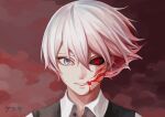  1boy absurdres black_sclera black_vest blood collared_shirt colored_sclera gradient_background highres kaneki_ken limao_tanuki looking_at_viewer male_focus multicolored_hair portrait red_background red_eyes redhead shirt short_hair solo tokyo_ghoul translation_request two-tone_hair vest white_hair white_shirt 