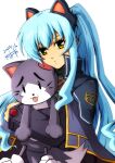  1girl akane_kazami animal_ear_headphones animal_ears ao_no_kiseki blue_hair capelet cat_ear_headphones dated double-parted_bangs eiyuu_densetsu fake_animal_ears hair_between_eyes headphones high_collar highres hugging_object long_hair looking_at_viewer mishy pout shoulder_guard sidelocks signature simple_background solo stuffed_animal stuffed_cat stuffed_toy tio_plato twintails white_background yellow_eyes zero_no_kiseki 