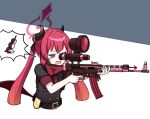  1girl belt black_belt black_shirt blue_archive commentary curled_horns dango demon_girl demon_horns fang food grey_background gun hair_between_eyes halo hands_up holding holding_gun holding_weapon horns junko_(blue_archive) long_hair nanju_bami open_mouth red_eyes red_halo redhead rifle shirt short_sleeves simple_background solo speech_bubble straight_hair tears twintails two-tone_background upper_body v-shaped_eyebrows very_long_hair wagashi wavy_mouth weapon white_background 